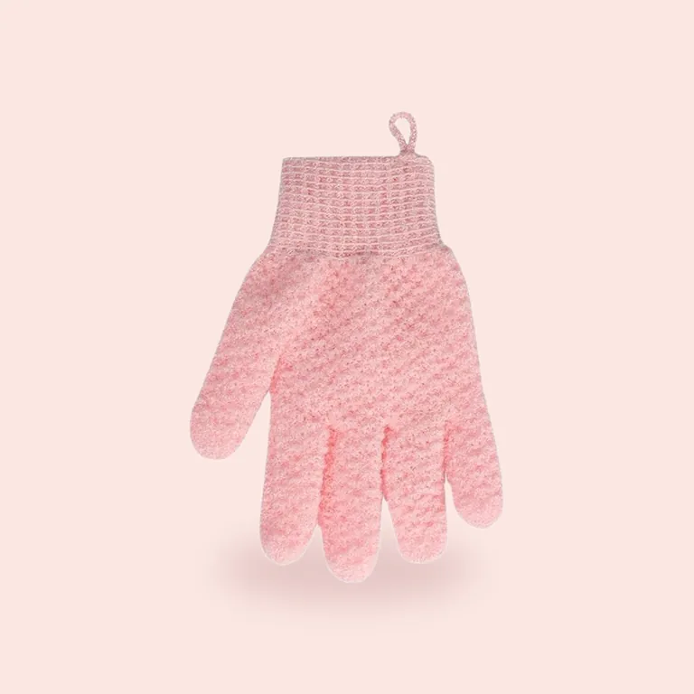 Gant exfoliant de gommage rose à cinq doigts, tricot de nylon à relief
