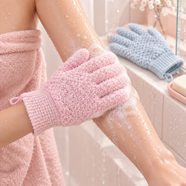 Main gantée du gant exfoliant rose qui gomme un avant-bras mousseux sous la douche