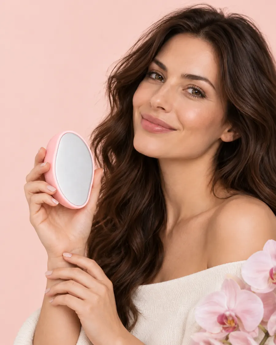 Femme souriante qui tient à la main une gomme dépilatoire rose mat, face nano-cristal visible